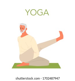 Old man doing yoga. Asana or exercise for senior. Physical and mental health. Body relaxation and meditation. Retired person training. Isolated flat illustration