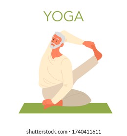 Old man doing yoga. Asana or exercise for senior. Physical and mental health. Body relaxation and meditation. Retired person training. Isolated flat illustration