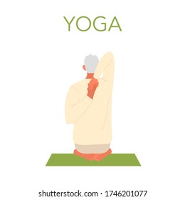 Old man doing yoga. Asana or exercise for senior. Physical and mental health. Body relaxation and meditation. Retired person training. Isolated flat illustration