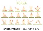 Old man doing yoga set. Asana or exercise for senior. Physical and mental health. Body relaxation and meditation. Retired person training. Isolated flat illustration