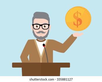 Old man  with dollar coin at a podium