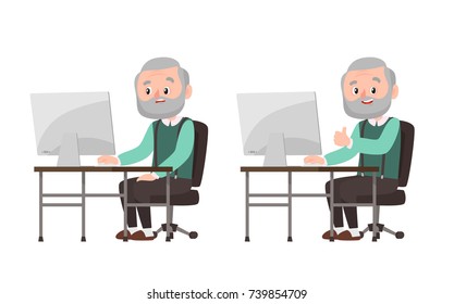 Old Man Don't Understand How To Use The Computer. Happy Old Man Working With Computer. Vector illustration