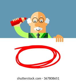 Old Man drawing a red pencil empty frame on a blank sheet. Flat style vector illustration on gray background.