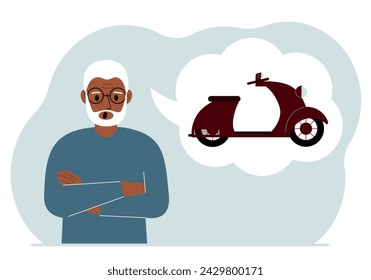 A old man dreams or thinks about a scooter or motorcycle. His thoughts are in an air bubble. The concept of a dream, purchase, loan or investment.