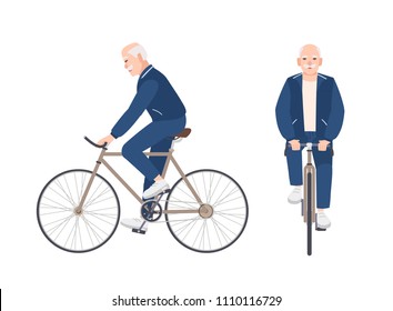 Old man dressed in sport clothing riding bike. Flat male cartoon character on bicycle. Pedaling elderly cyclist or bicyclist isolated on white background. Front and side views. Vector illustration