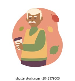 El anciano bebe café en un fondo con hojas de otoño. Ilustración vectorial. Carácter plano para diseño, decoración, postales e impresión