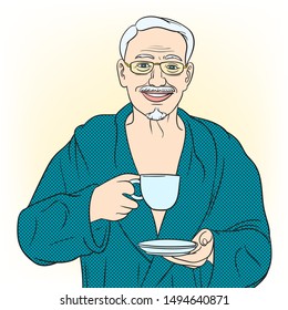 An old man drinking coffee.pop art  comic style illustration.Separate images and backgrounds