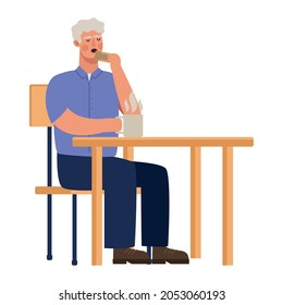 old man drinking coffee seated character