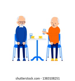 Old Man Drinking. Men Leisure Together. Modern Caucasian Senior Drink Tea Or Coffee. Aged Friends Sitting At Table. Celebration Concept. Illustration Isolated On White Background In Flat Style.
