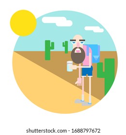 the old man drinking water in the desert