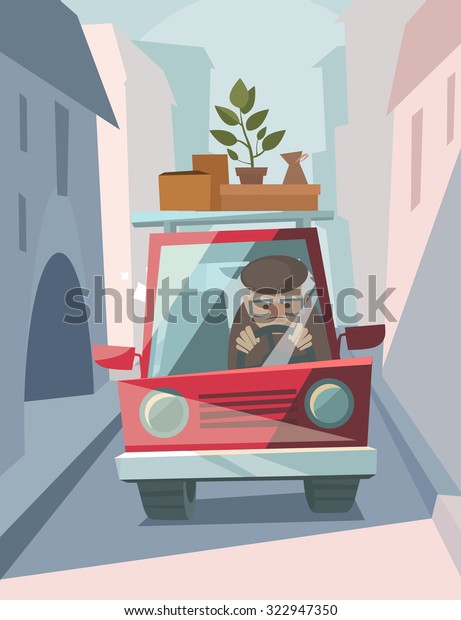Old man drive a\
red car. Vector\
illustration.