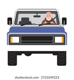Viejo hombre conduciendo camioneta pickup clásica vista frontal ilustrador de Arte vectorial