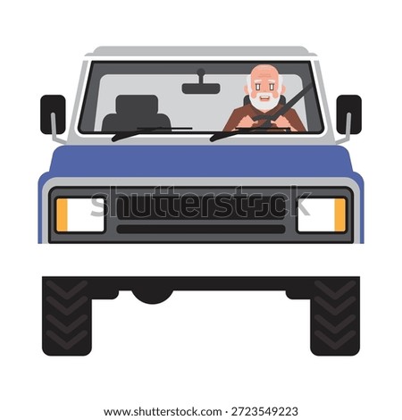 Old man driving classic pickup truck front view vector art illustrator
