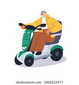 Old man driving electric moped, eco e-scooter. Senior elderly driver riding ecological vehicle, escooter, urban road transport on green energy. Flat vector illustration isolated on white background