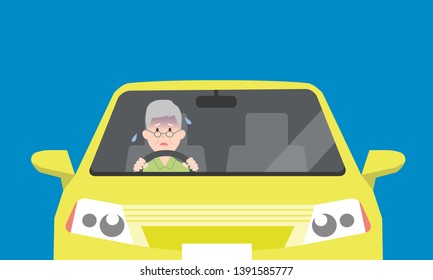 old man driving, in fear, vector illustration