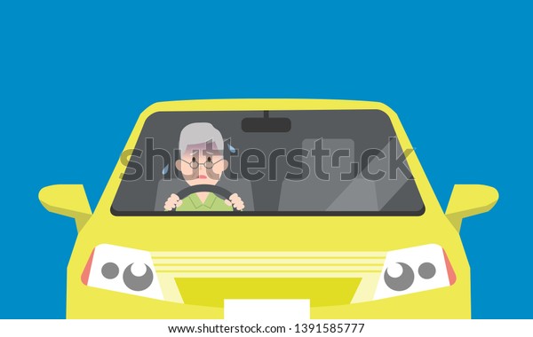 old man\
driving, in fear, vector\
illustration