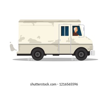 old man driving retro van. vector illustration