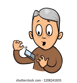 Old man dropped the phone. Coordination problem in senior age. Colorful flat vector illustration. Isolated on white background.