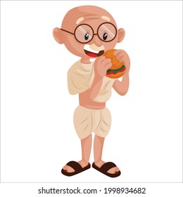 Old man is eating the burger. Vector graphic illustration. Individually on a white background.