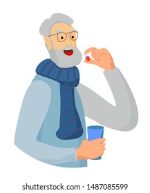 Old man eating pill for health. Disease treatment. Drug and vitamin, care for person. Vector illustration