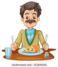 Old Man Eating Pizza On The Table Illustration