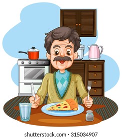 Old Man Eating Pizza On The Table Illustration