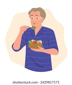 Old Man Eating Salad for Healthy Eating Concept Illustration