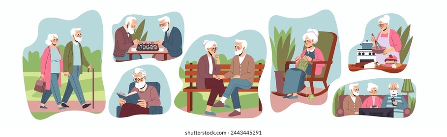 Old man. Elder life, happy senior woman and man. Read at house, playing chess, watching tv, meeting friends, walking and knitting. Older grandmother daily, adult hobby, household, lifestyle. Vector