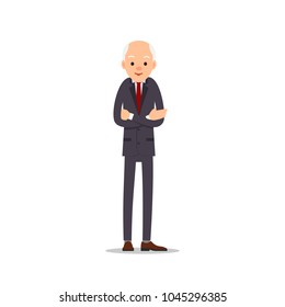 Old man. Elderly man in business suit stands with arms crossed on his chest. Cartoon illustration isolated on white background in flat style. Full length portrait of old human, senior or grandfather.
