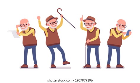 Old Man, Elderly Person With Cane, Mobile Phone. Senior Citizen, Retired Grandfather Wearing Glasses, Old Pensioner, Lonely Grandpa. Vector Flat Style Cartoon Illustration Isolated On White Background