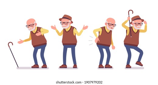 Old man, elderly person with cane having heart, back ache. Senior citizen, retired grandfather in glasses, old age pensioner, grandpa. Vector flat style cartoon illustration isolated, white background