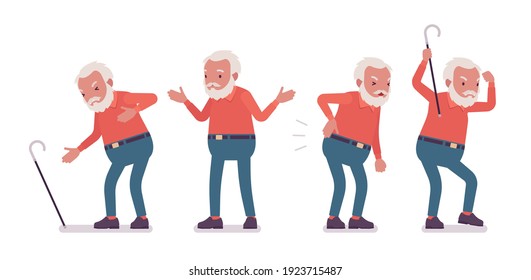 Old man, elderly person with cane having heart, back ache. Senior citizen over 65 years, retired bearded grandfather, aged pensioner. Vector flat style cartoon illustration isolated, white background