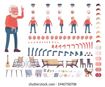 Old man, elderly person construction set. Senior citizen over 65 years, retired bearded grandfather, aged pensioner. Vector illustration, different emotions, skin, hair tones