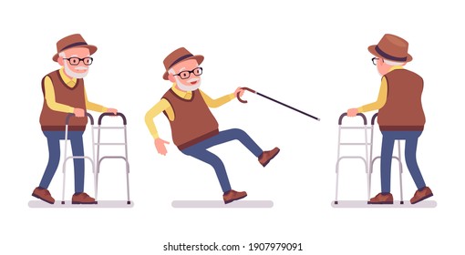 Old man, elderly person with medical walker, cane slippery. Senior citizen, retired grandfather in glasses, old pensioner, grandpa. Vector flat style cartoon illustration isolated, white background