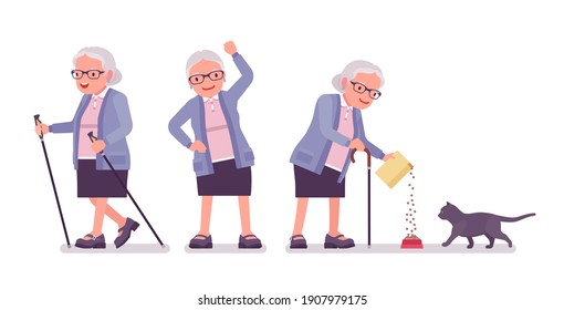 Old man, elderly person with nordic walking poles, cat. Senior citizen, retired grandmother wearing glasses, old pensioner, grandma. Vector flat style cartoon illustration isolated, white background