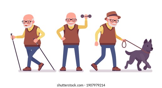 Old man, elderly person with nordic walking poles, pet dog. Senior citizen, retired grandfather wearing glasses, old age pensioner. Vector flat style cartoon illustration isolated on white background