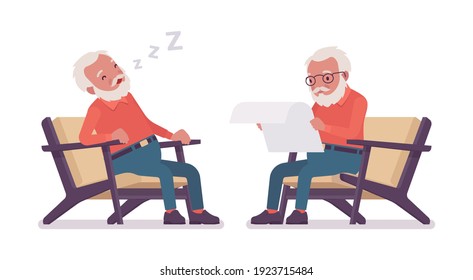 Old man, elderly person resting in armchair, sleeping, reading paper. Senior citizen over 65 years retired grandfather aged pensioner. Vector flat style cartoon illustration isolated, white background