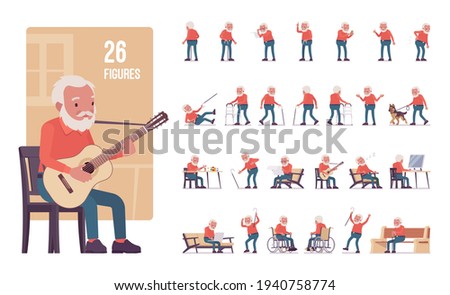 Old man, elderly person set, pose sequences. Senior citizen over 65 years, retired bearded grandfather, nice aged pensioner. Full length, different views, gestures, emotions, positions