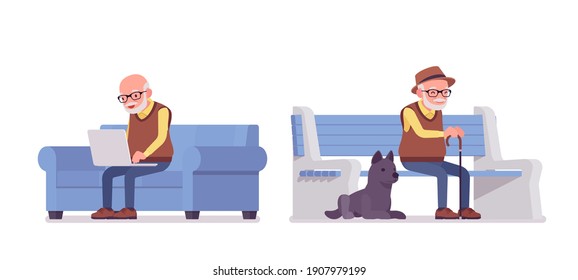 Old man, elderly person sitting on bench with laptop, pet dog. Senior citizen, retired grandfather wearing glasses, old pensioner. Vector flat style cartoon illustration isolated on white background