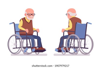 Old man, elderly person sitting in a wheelchair. Senior citizen, retired grandfather wearing glasses, old pensioner, lonely grandpa. Vector flat style cartoon illustration isolated on white background