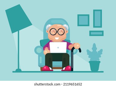 Hombre mayor, persona mayor sentada en la silla con laptop. El anciano hombre de negocios de cabello gris trabaja en una laptop. Abuelo trabajando en casa. Ilustración vectorial plana
