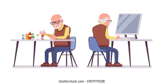 Old man, elderly person sorting medicines, pill bottles, pc working. Senior citizen, retired grandfather in glasses, old pensioner. Vector flat style cartoon illustration isolated on white background