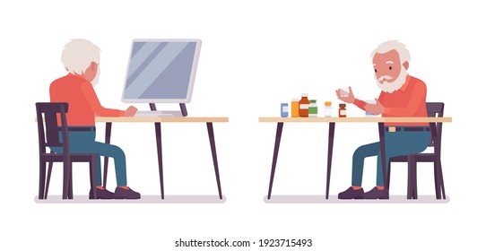 Old man, elderly person sorting medicines, pill bottles, pc working. Senior citizen over 65 years retired grandfather, aged pensioner. Vector flat style cartoon illustration isolated, white background