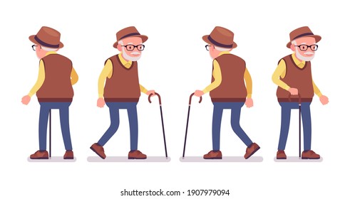 Old man, elderly person with walking cane. Senior citizen, retired grandfather wearing glasses, old age pensioner, lonely grandpa. Vector flat style cartoon illustration isolated on white background