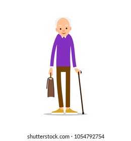Old man. Elderly man in pullover holds a briefcase in his hand and rests on stick. Cartoon illustration isolated on white background in flat. Full length portrait of old human, senior or grandfather.
