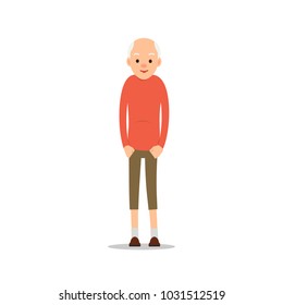 Old man. Elderly man is stand and holds hands in his pockets. Cartoon illustration isolated on white background in flat style. Full length portrait of old human, senior or grandfather.