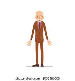 Old man. Elderly man is stand and spreads his arms out to sides. Cartoon illustration isolated on white background in flat style. Full length portrait of old human, senior or grandfather.

