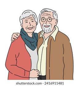 Old man embracing his wife. Romantic relationship concept. Hand drawn vector illustration