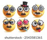 Old man emoji vector characters set. Emojis clip art with mascot wearing mustache and sunglasses in serious, dizzy, funny, kiss, in love and tired facial expressions emoticons character. Vector