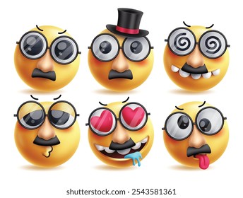 Conjunto de caracteres de vetor emoji do homem velho. Emojis clip art com mascote usando bigode e óculos de sol em sério, tonto, engraçado, beijo, no amor e cansado expressões faciais emoticons personagem. Vetor